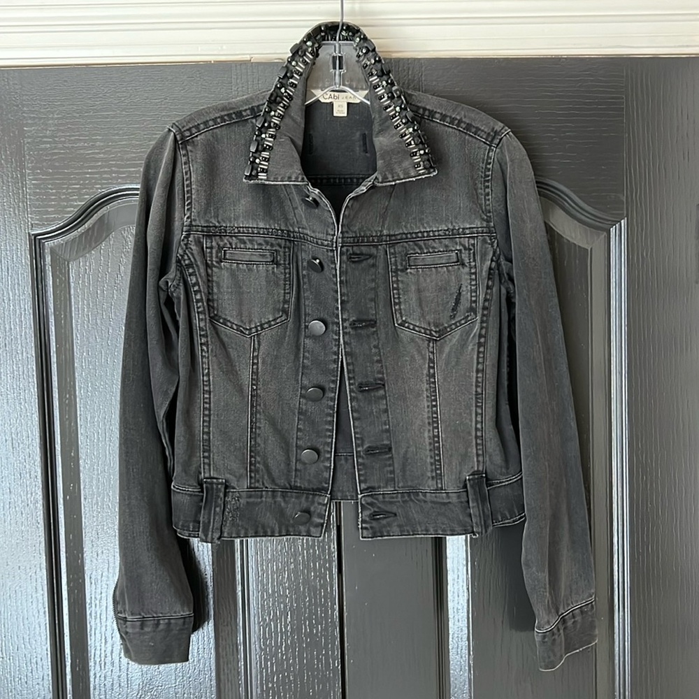 EUC CAbi #187 Black Distressed Beaded Denim JEAN JACKET  XS